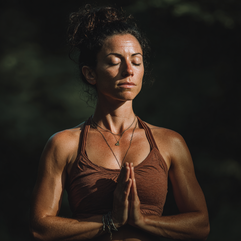 Middle-aged Romanian man practicing guided breathing exercises in a peaceful outdoor environment, looking relaxed and focused