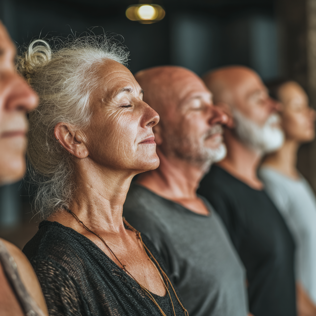 Group of diverse Romanian adults of different ages practicing breathing exercises together in a wellness studio, all looking peaceful and content